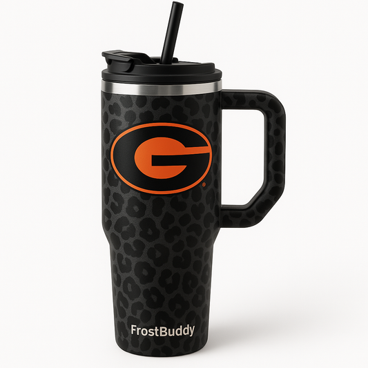 40oz Frost Buddy® – Black Cheetah Print with Orange Gilmer “G”